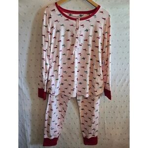 kate spade Pink Dog-Print Dachsund Long-Sleeve Pajama Set with Red Trim Size L